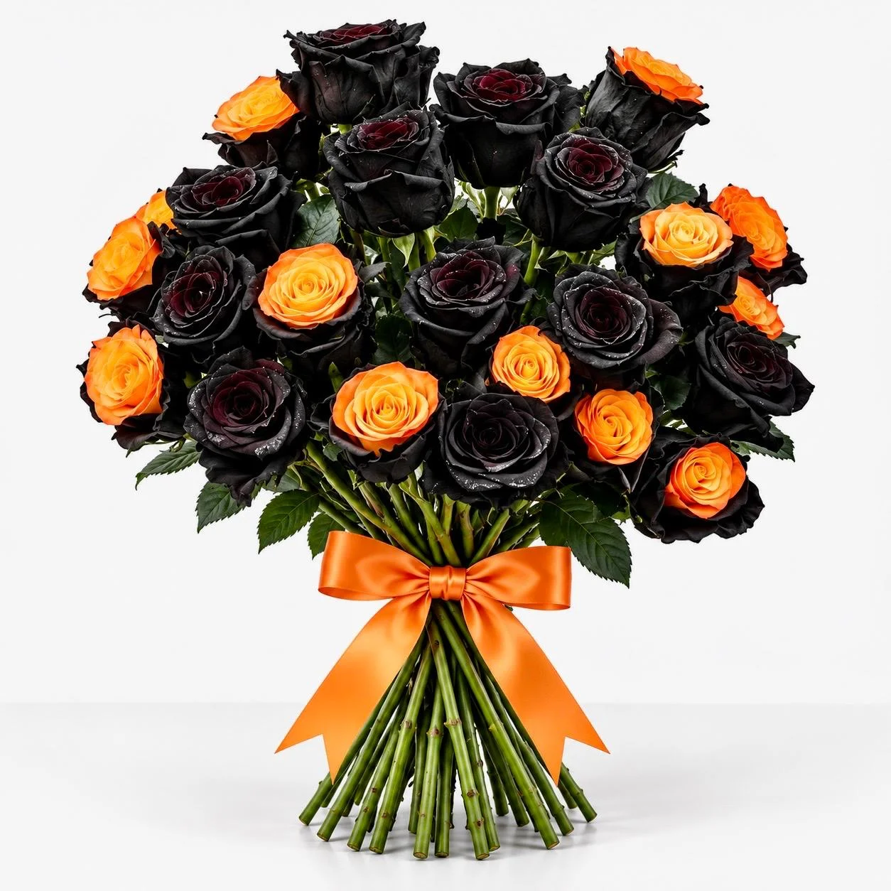 Halloween 23 black and orange roses bunch arranged in elegant wrapping for spooky gifting by RoseCharmFlowers