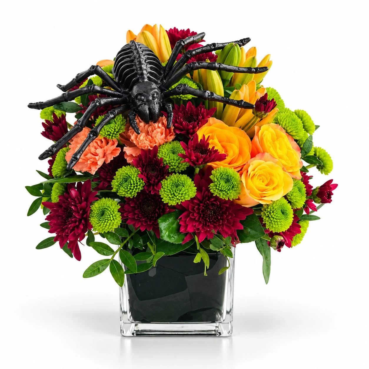 Halloween Glam Glow Vase with orange roses, carnations, red and green chrysanthemums and golden lilies in glass vase