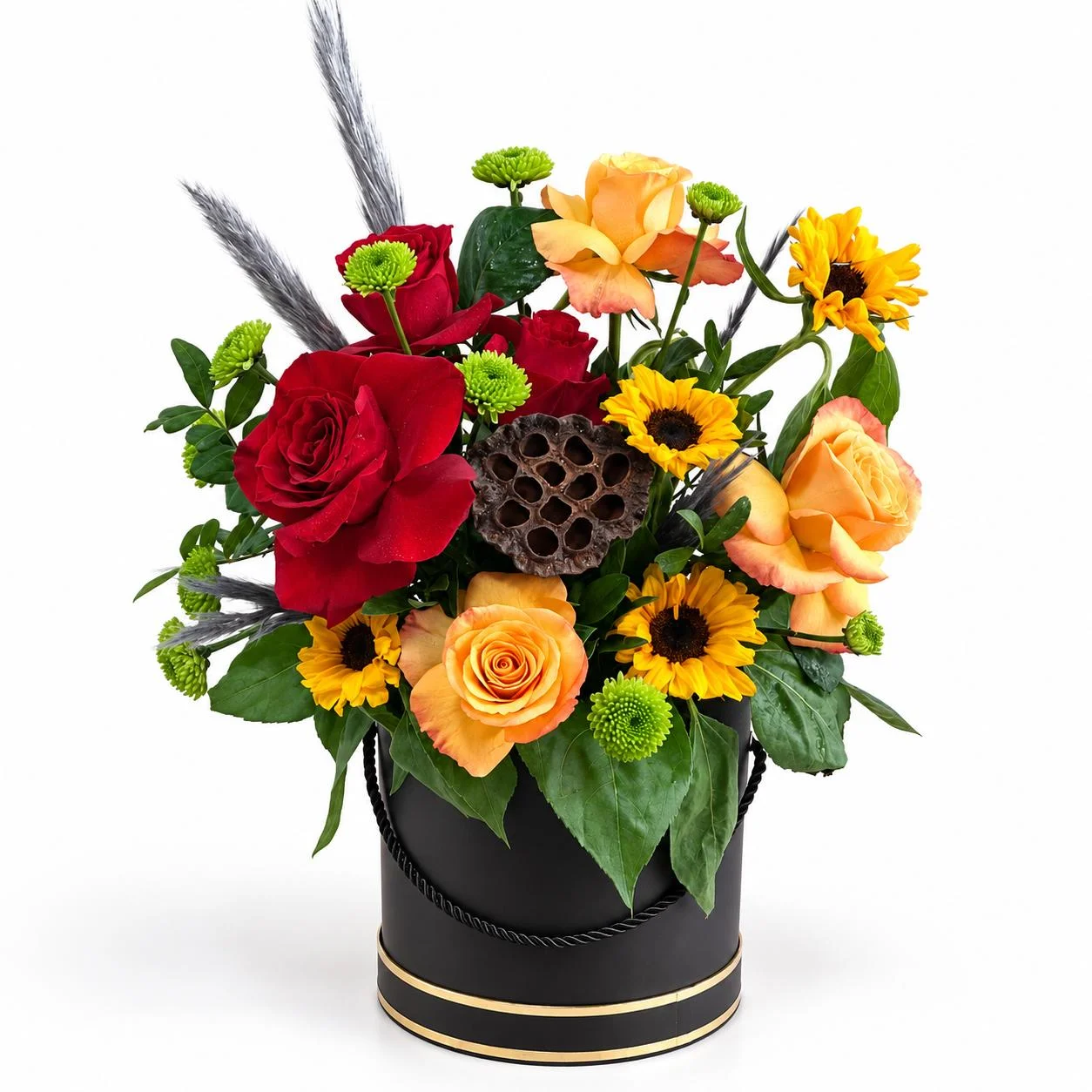 Halloween Mystic Lotus Box with 3 red roses, 3 orange roses, 3 sunflowers, delicate fillers, and a lotus head