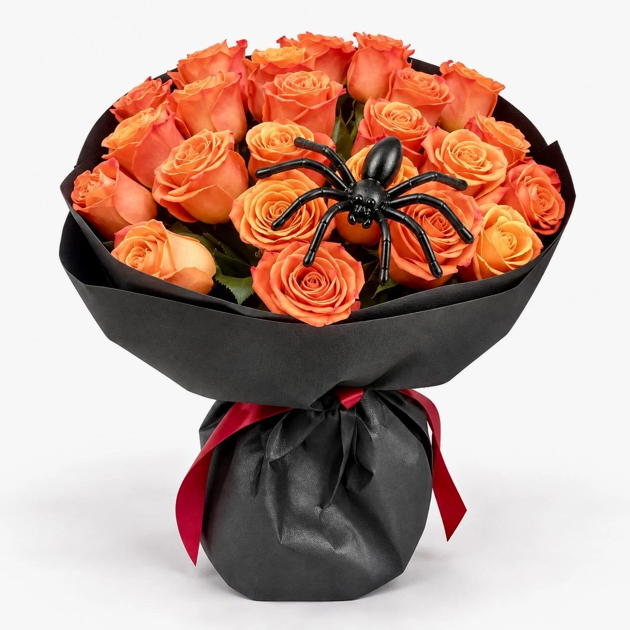 Halloween orange rose bouquet with 23 fresh orange roses and a spooky spider toy, from RoseCharmFlowers
