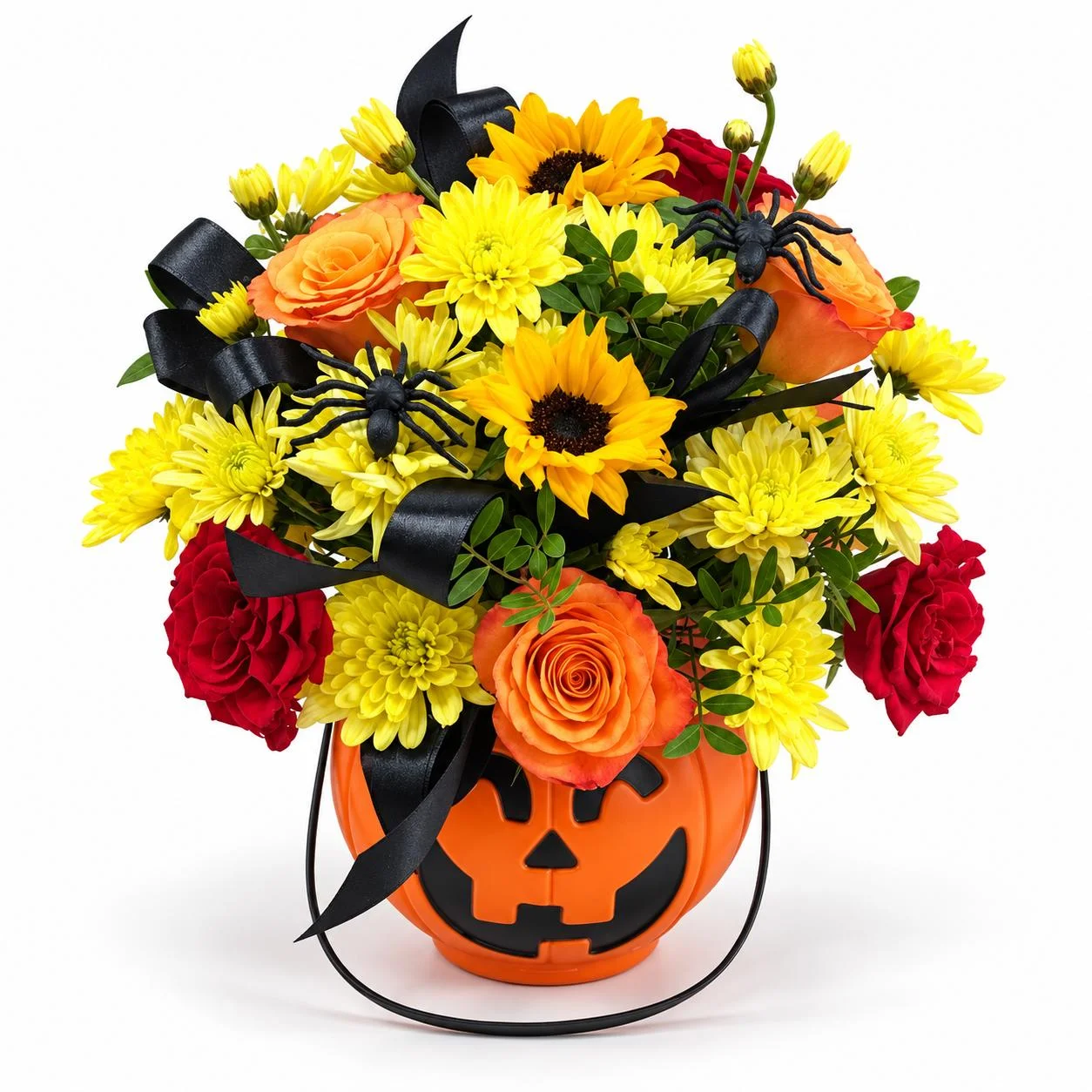 Halloween Pumpkin Glow Bouquet with red and orange roses, sunflowers and chrysanthemums in a pumpkin-shaped base