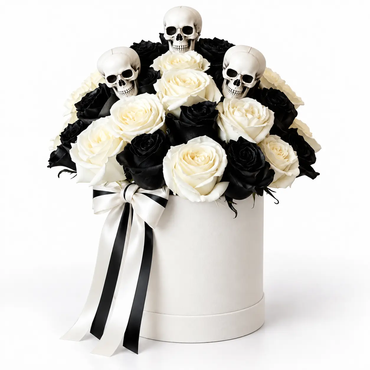 Halloween roses box with skull toy and 21 black and white roses in an elegant gift box