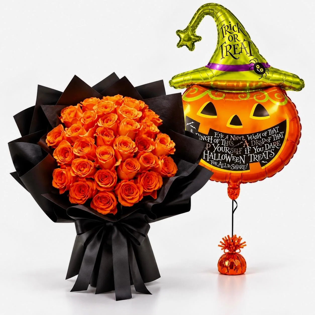 Halloween roses and pumpkin balloon combo with 31 orange roses bouquet and festive pumpkin balloon