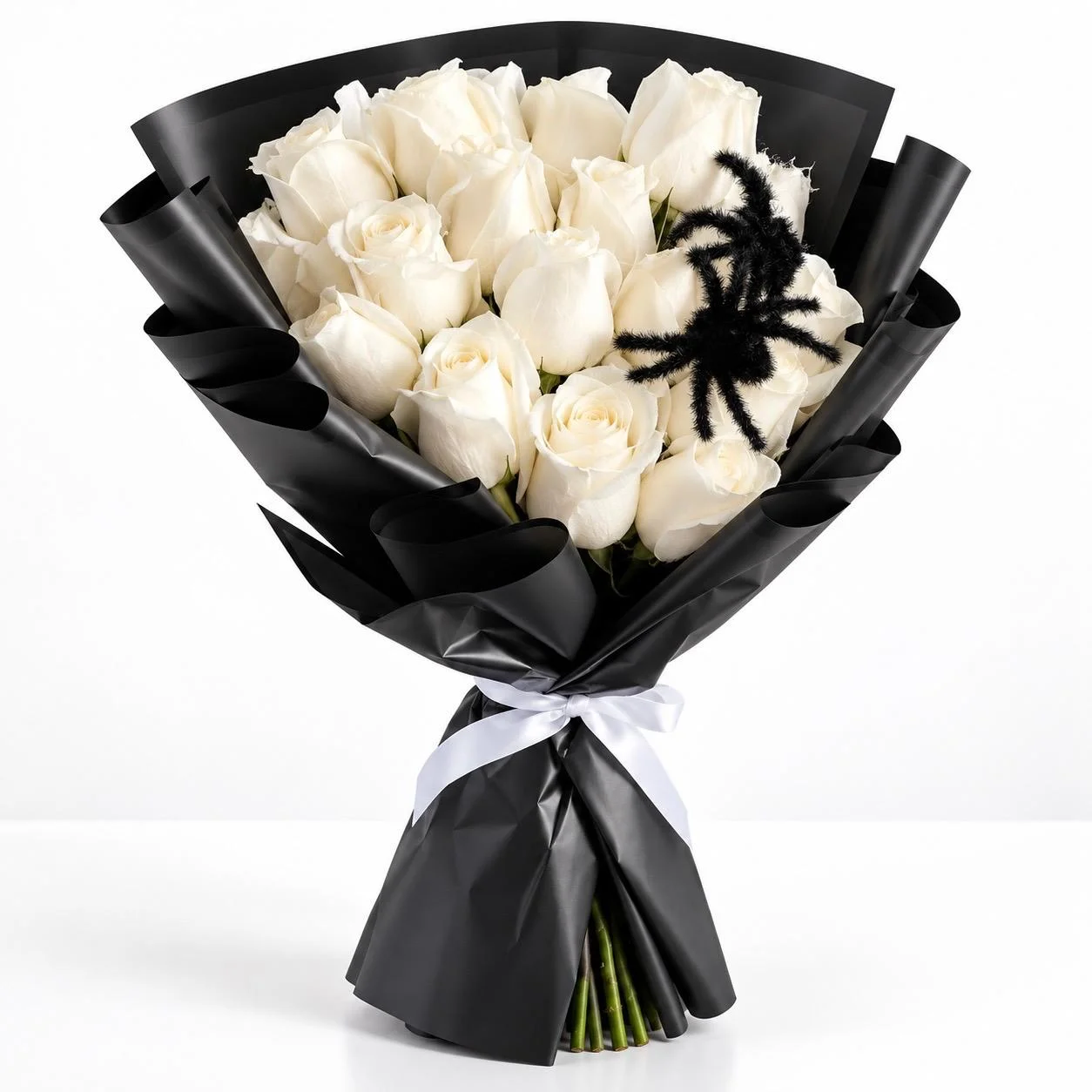 15 fresh white roses with two spooky spider toys in a Halloween-themed bouquet by RoseCharmFlowers