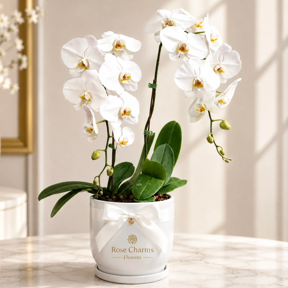 Double Stem White Phalaenopsis Orchid Plant in Pot with elegant blooming white flowers