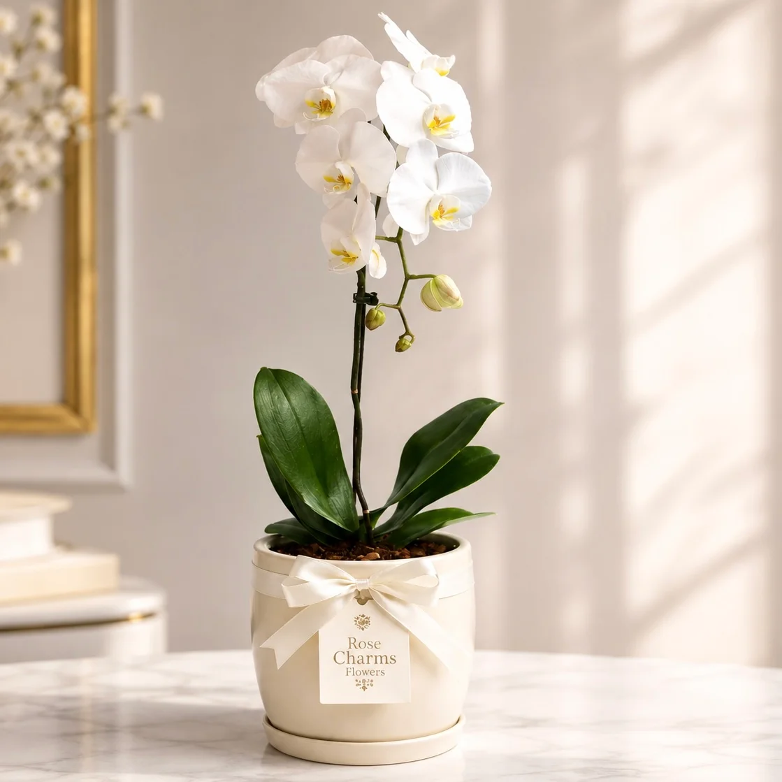 Single White Phalaenopsis Orchid Plant in Stylish Pot with elegant blooming flowers