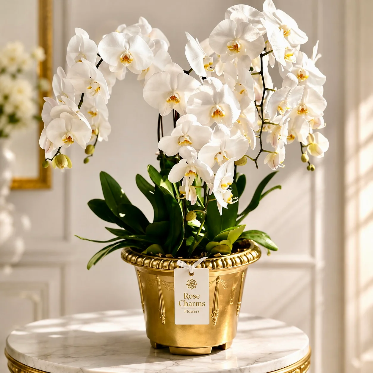 6 stem white Phalaenopsis orchid plant with lush green leaves in premium golden pot