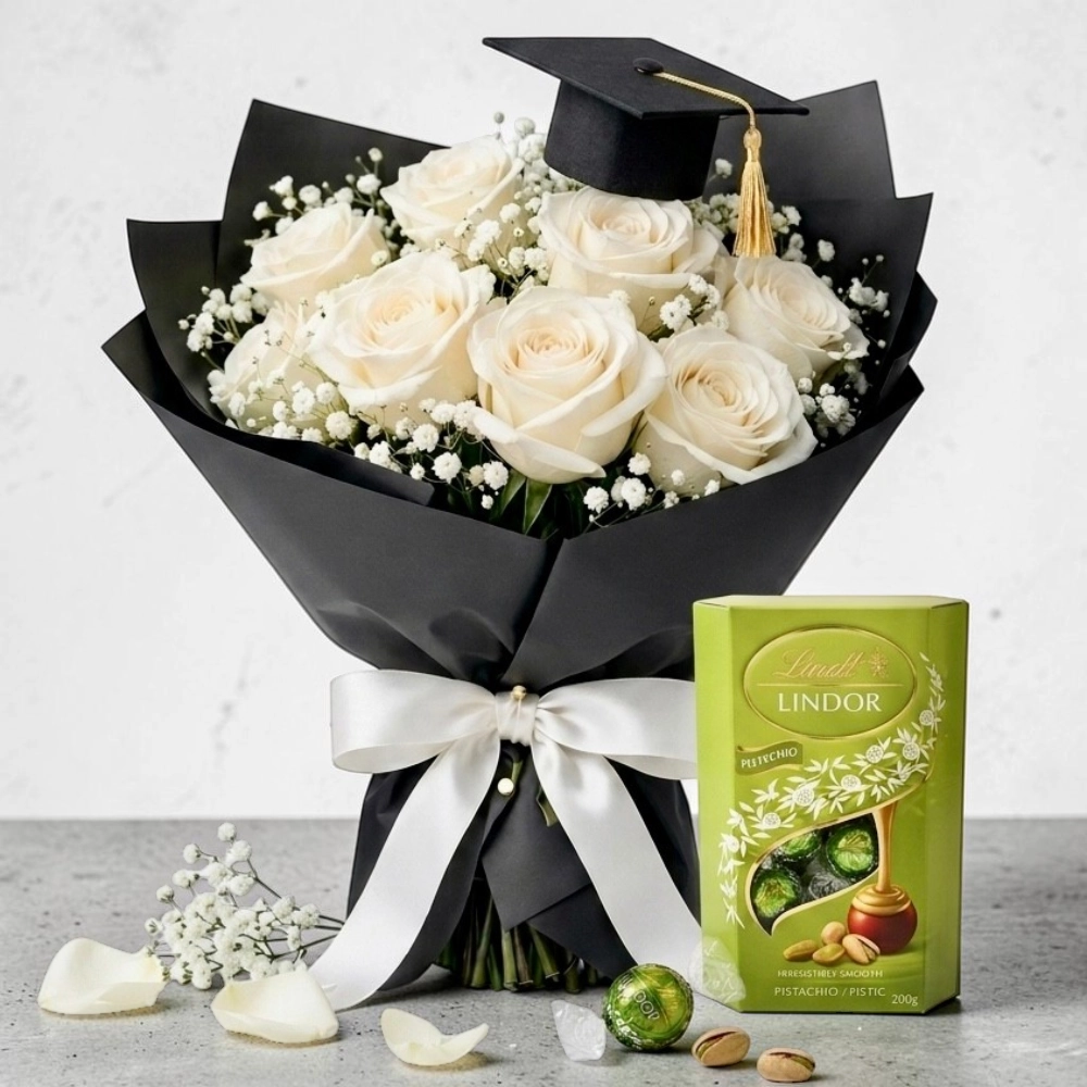 Luxury-Graduation-Combo-9-White-Roses-&-Lindt-Chocolate-200g-2