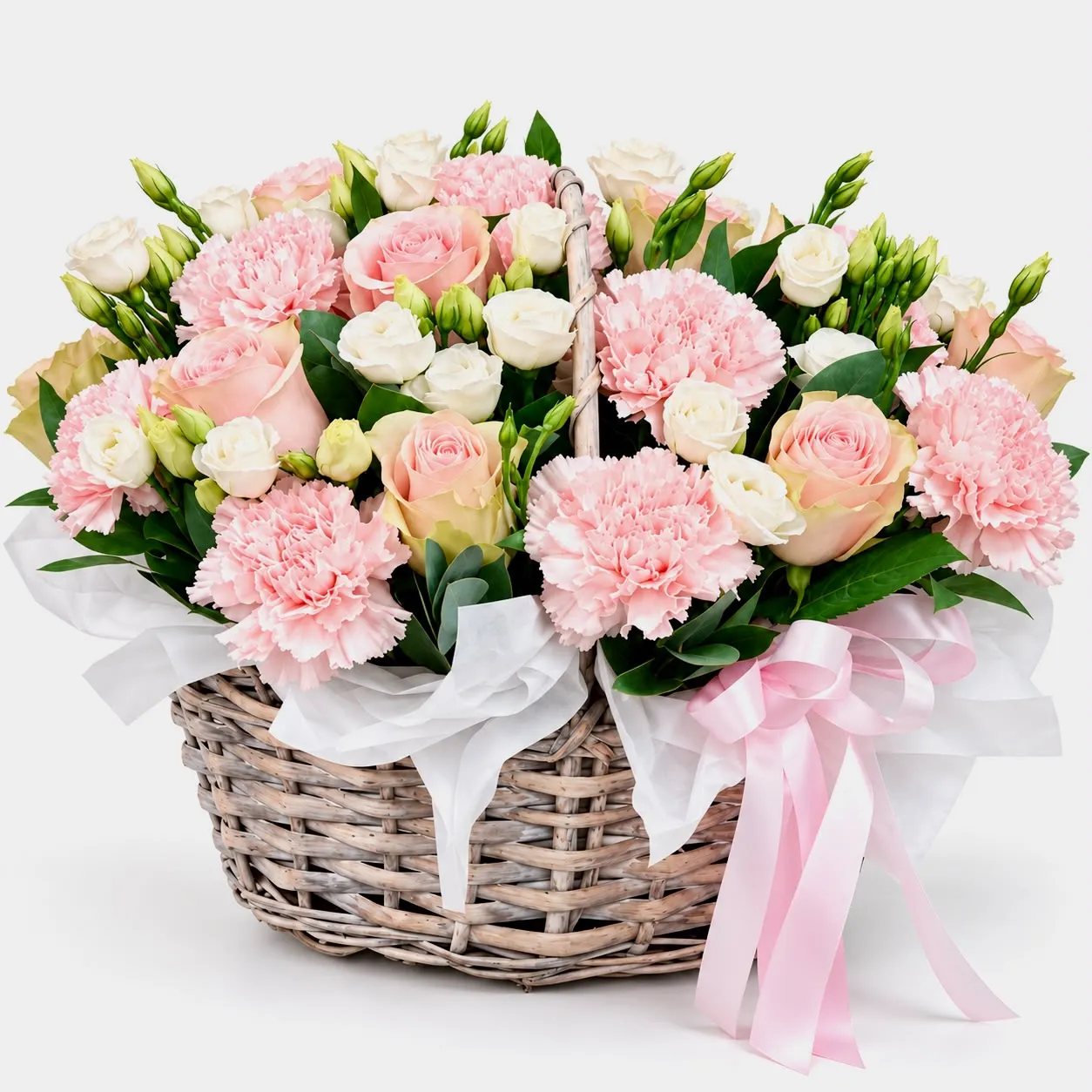 Luxury Pink Carnations and Revival Roses Basket with 15 pink carnations, 15 revival roses and 5 pink spray roses