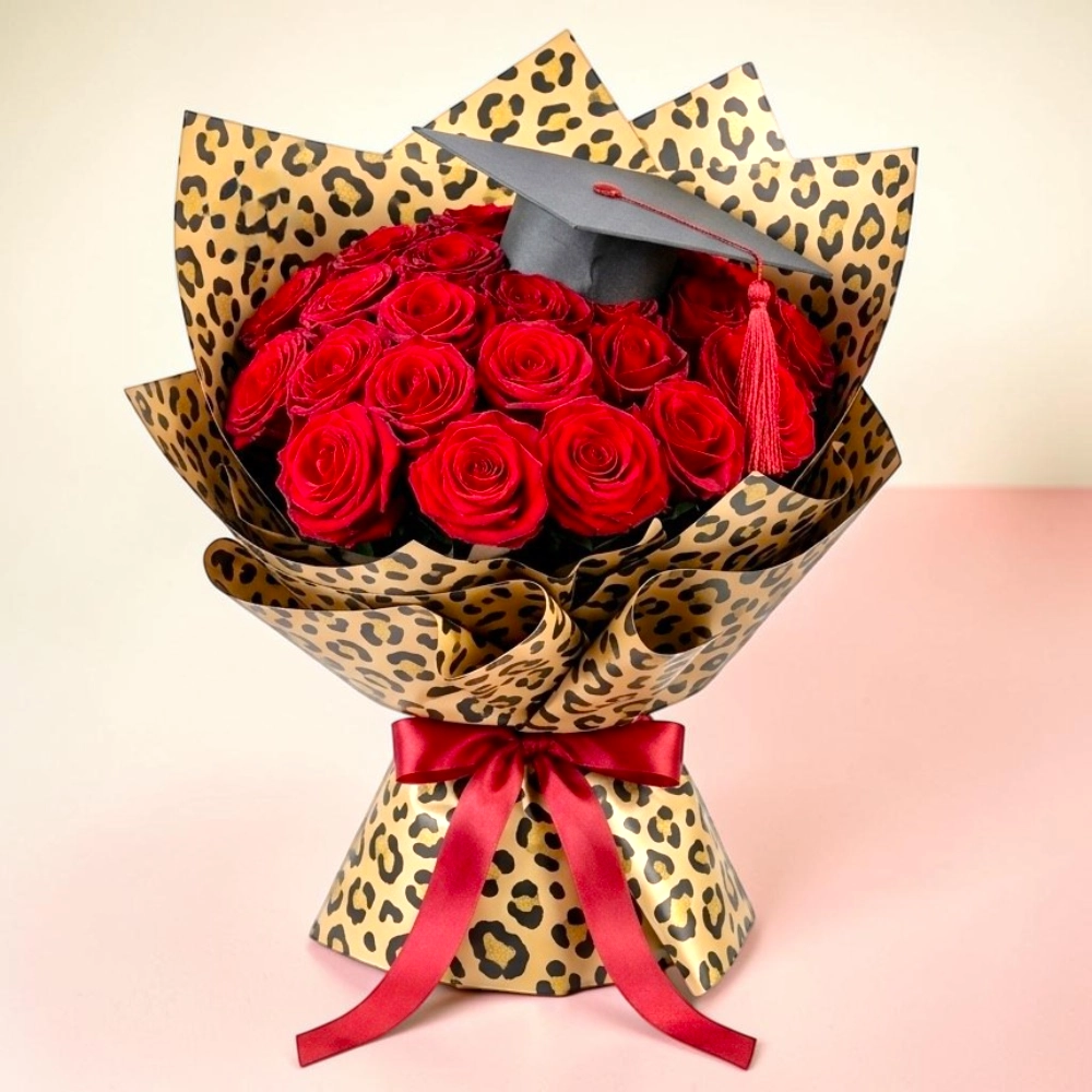 Luxury-graduation-bouquet-21-Red-Roses-in-cheetah-Wrapping-2