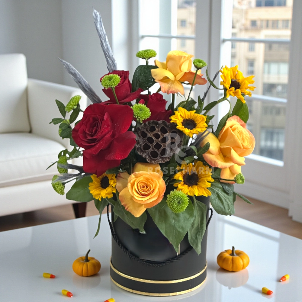 Halloween roses and sunflower arrangement