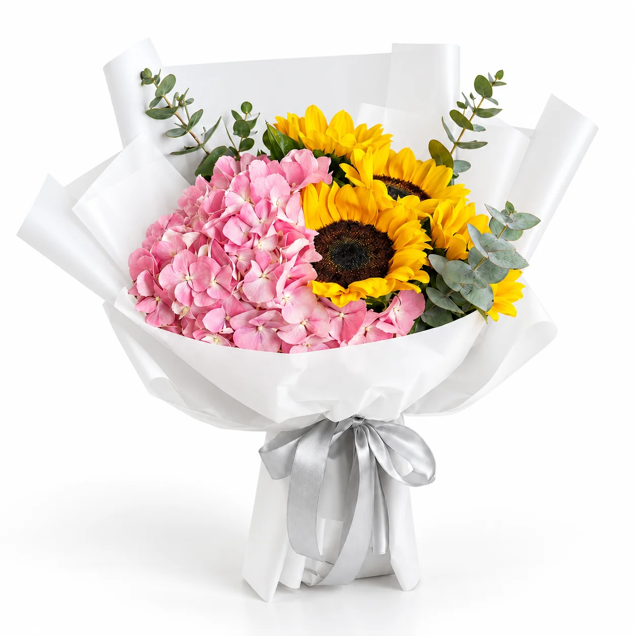 Pink hydrangea and four sunflowers teacher bouquet for Teachers Day appreciation