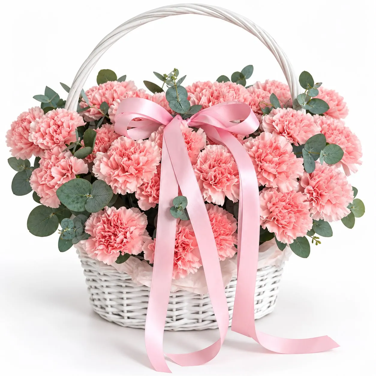 Premium 21 pink carnations basket with a full elegant arrangement, from RoseCharmFlowers