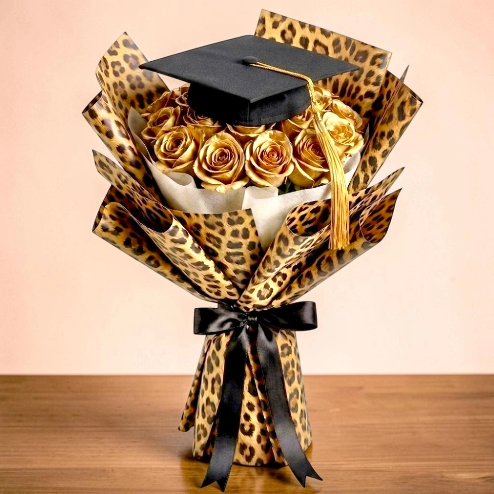 Graduation Cheetah Wrap 21 Gold Roses Bouquet with Graduation Hat Topper