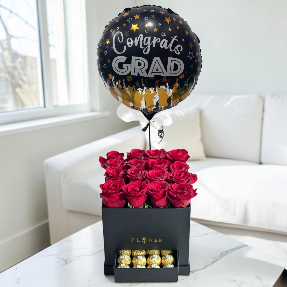 Red Roses Graduation Box with Ferrero Rocher Chocolates and Congrats Grad Balloon