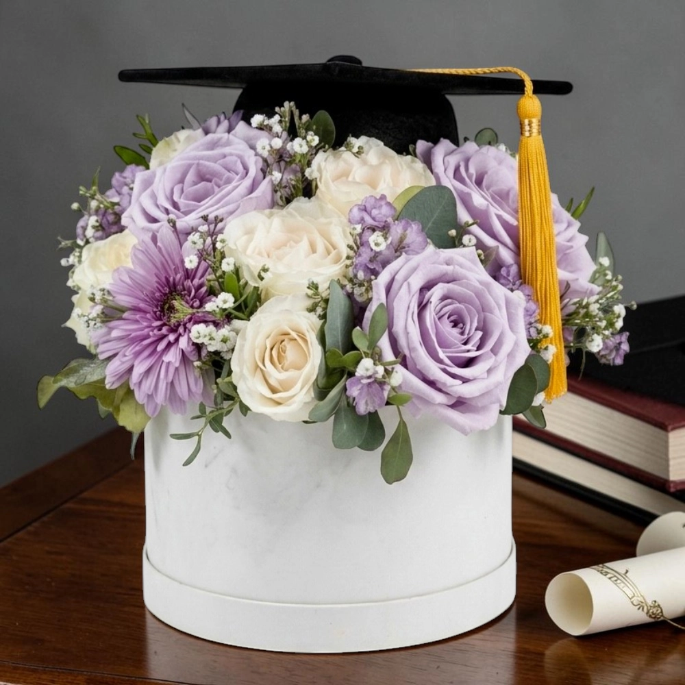 Royal-graduation-Box-Purple-&-White-Roses-with-Graduation-Hat-2