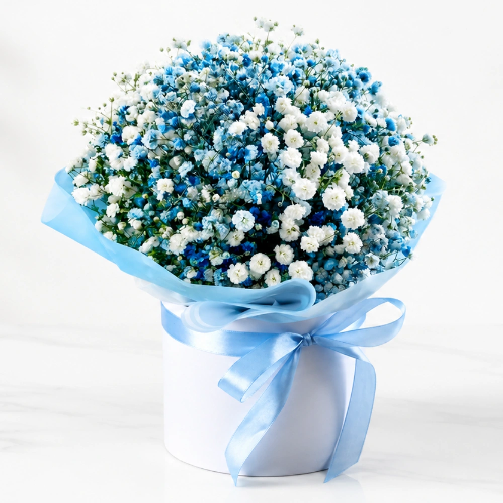 Blue and white gypsophila white box arrangement with elegant cloud-like floral presentation