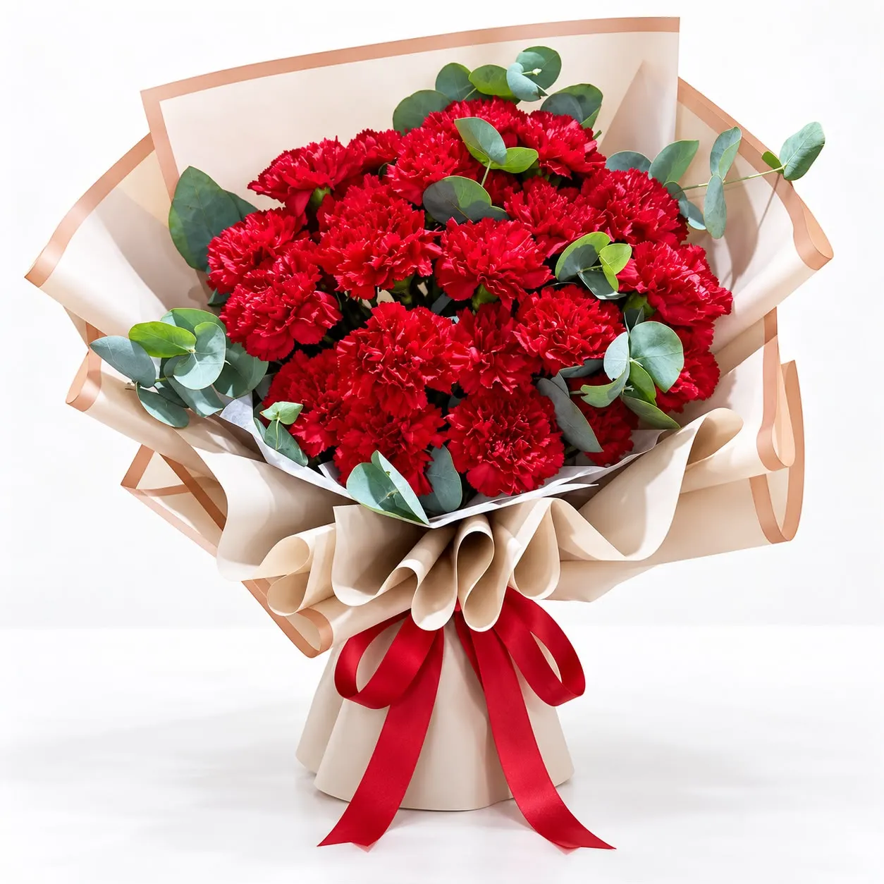 Stunning 20 red carnations bouquet elegantly arranged, a romantic gift from RoseCharmFlowers