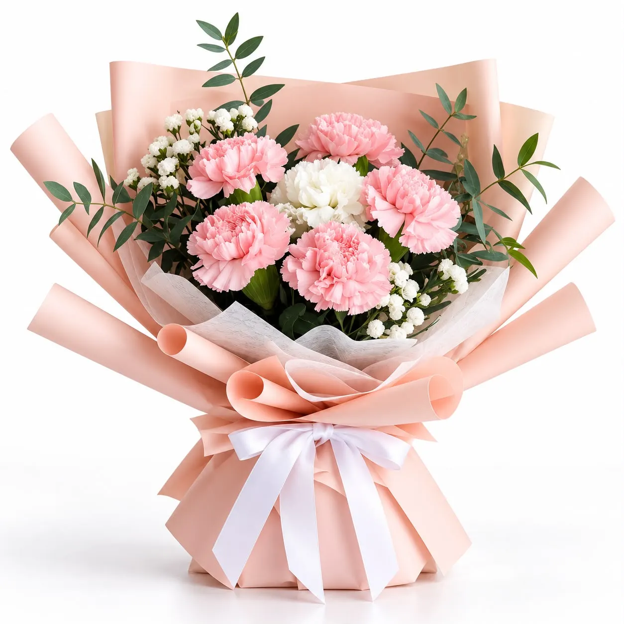 Sweet 6 pink and white carnations bouquet, softly arranged as a charming gift from RoseCharmFlowers