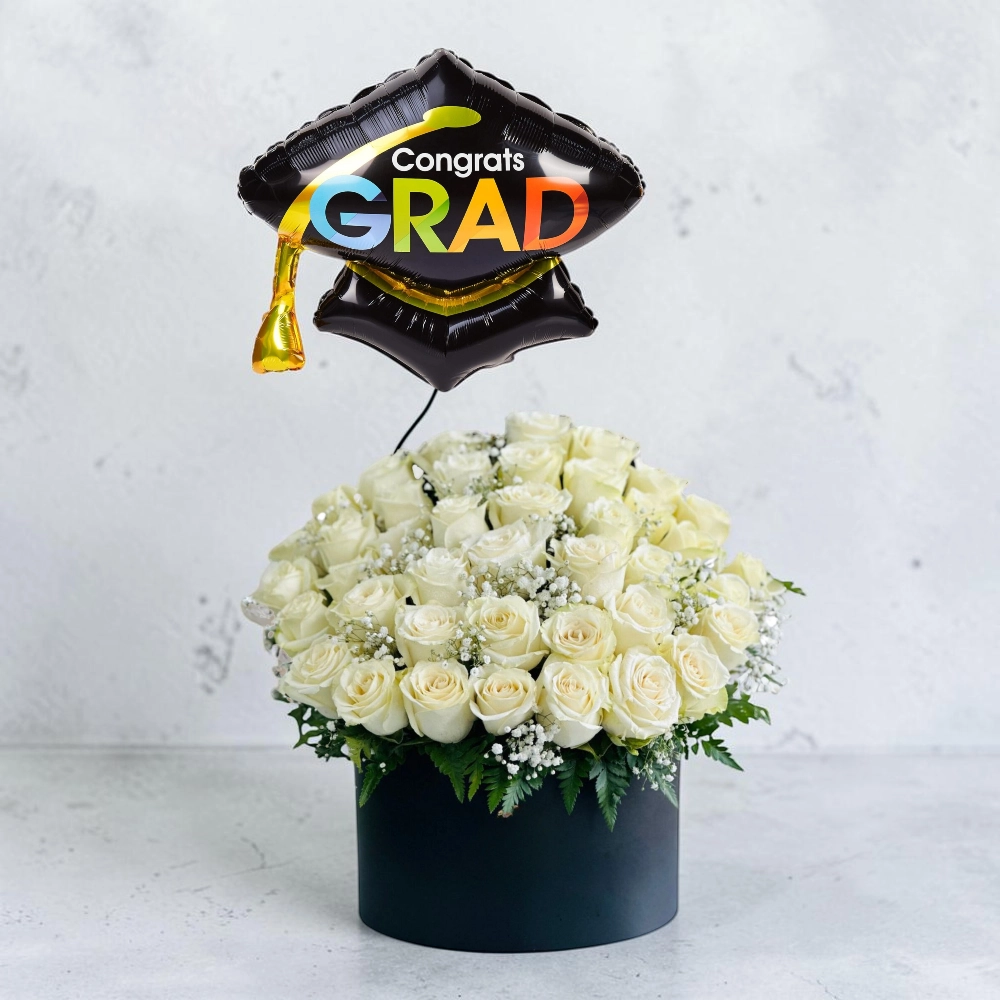 Graduation Grad Combo White Roses in Luxury Box with Congrats Grad Balloon