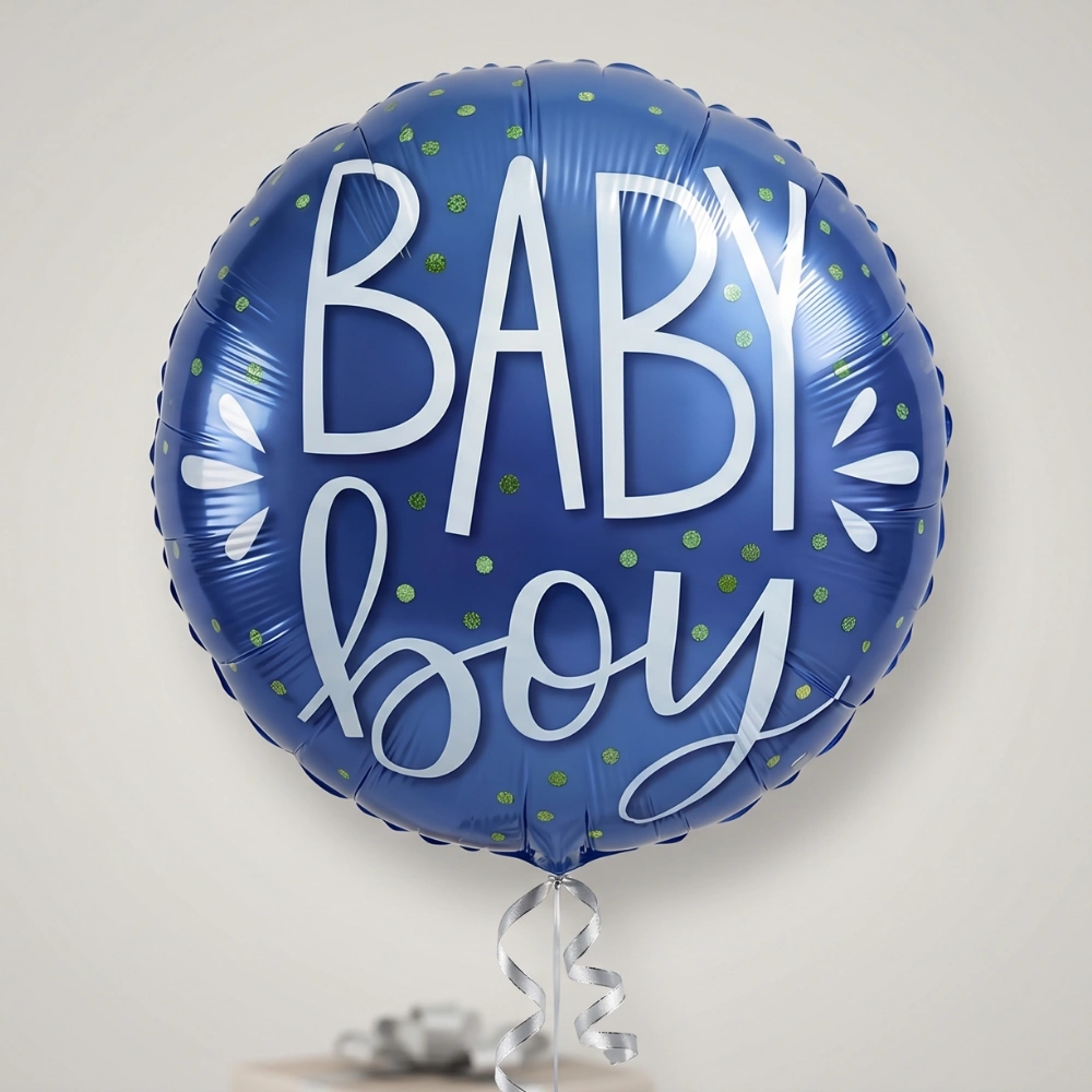 Blue baby boy helium-filled 18-inch foil balloon for baby showers, newborn welcome celebrations, and baby boy birthday surprises