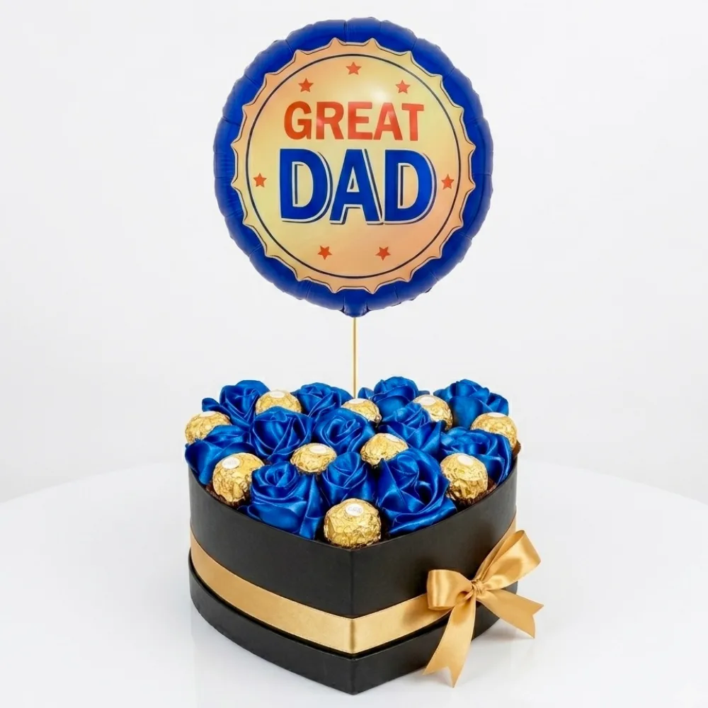 Premium black box hamper with blue roses, Ferrero Rocher chocolates, and Great Dad foil balloon for Father's Day