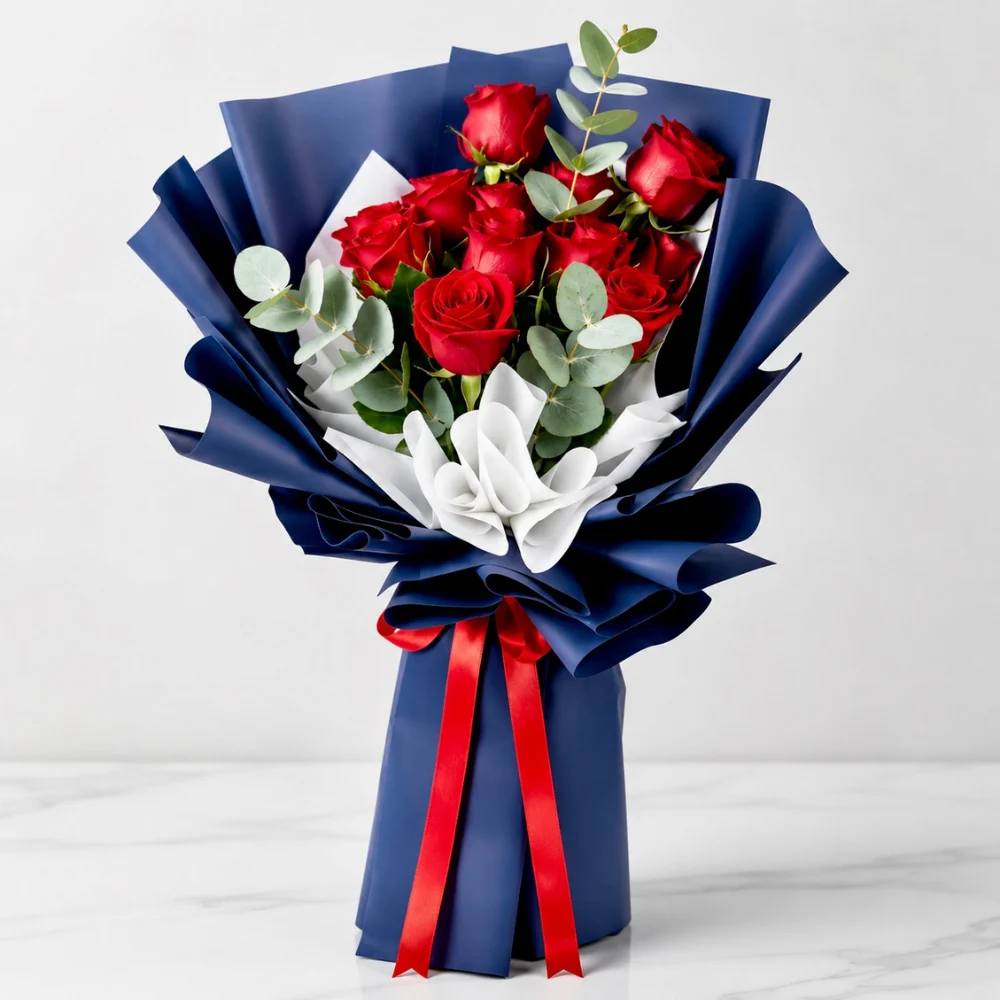 11 Red Roses Bouquet For Dad wrapped in premium blue paper with elegant floral arrangement designed for Father's Day gifting and premium presentation
