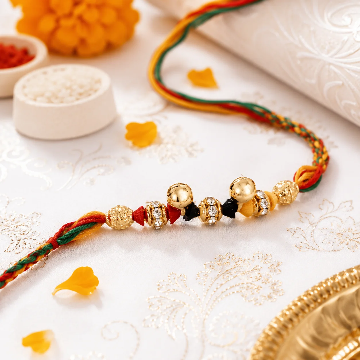 Designer Beaded Rakhi with golden beads, crystal spacers, and multicolor braided thread for Raksha Bandhan