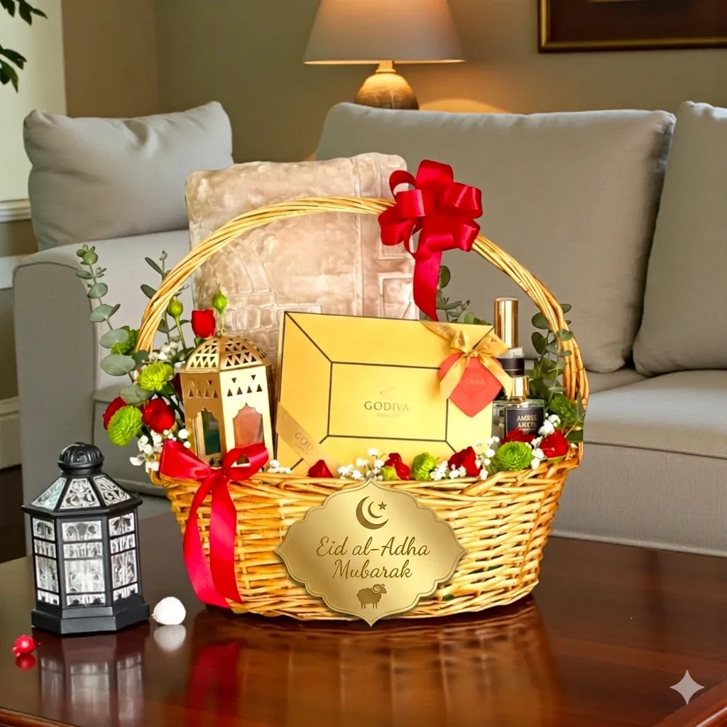 Luxury Eid Al Adha Godiva Chocolate Gift Basket with Prayer Mat and Lantern