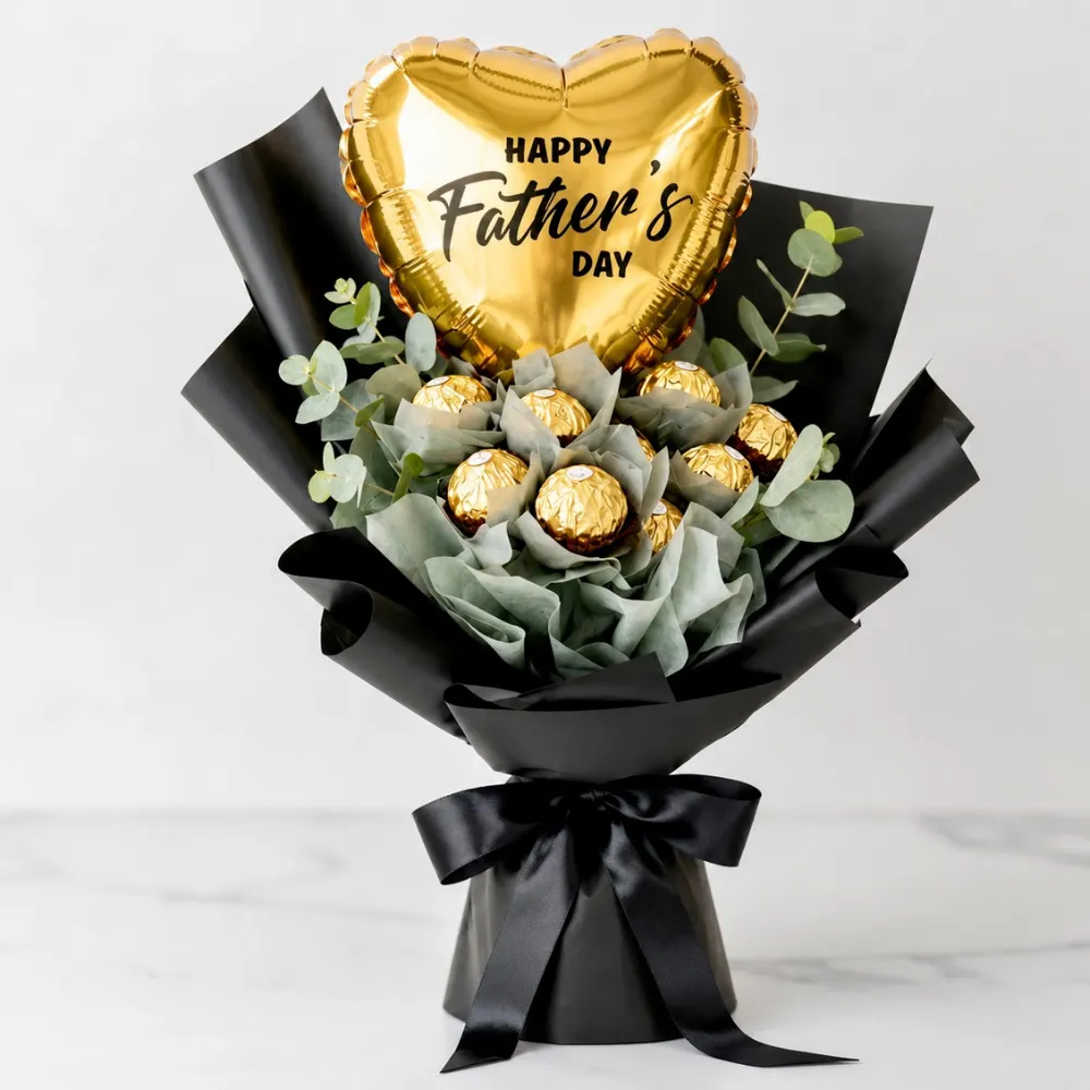 Elegant Father's Day gift featuring 11 Ferrero Rocher chocolates and a heart-shaped Happy Father's Day foil balloon