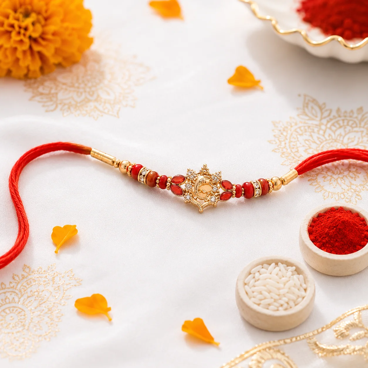 Ganesha Rakhi with red stones, crystal accents, golden beads, and premium red thread for Raksha Bandhan