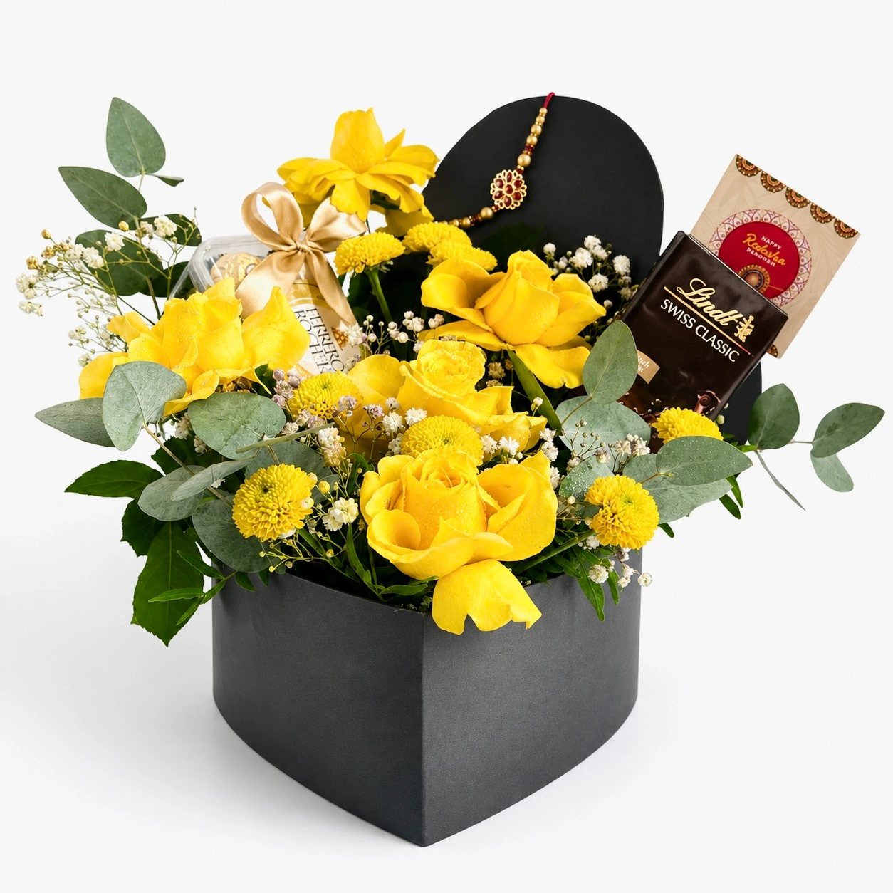 Premium Rakhi hamper with yellow roses, Ferrero Rocher chocolates, Lindt chocolate and designer Rakhi in black heart box