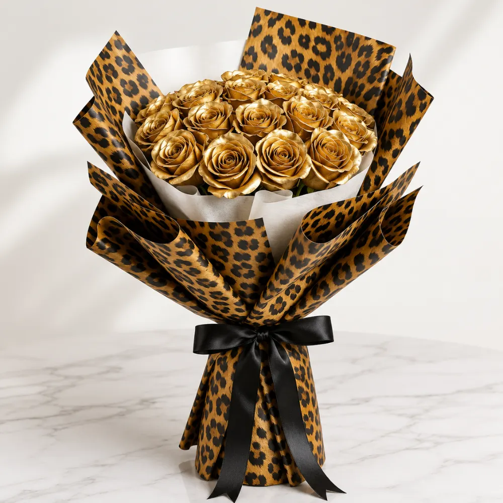 Luxurious bouquet of 15 gold roses in stylish cheetah wrapping designed as a premium Father's Day gift for dad