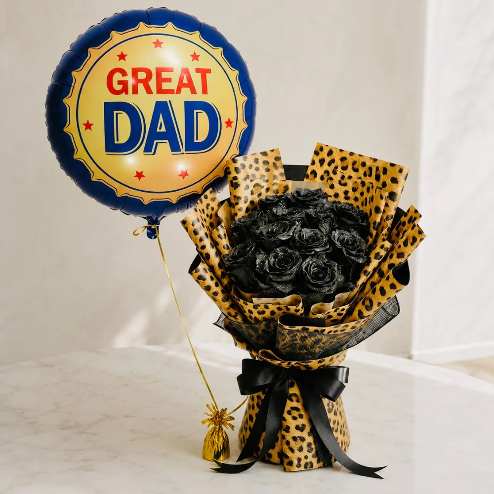 Father's Day bouquet featuring 11 black roses in cheetah wrapping with a Great Dad foil balloon
