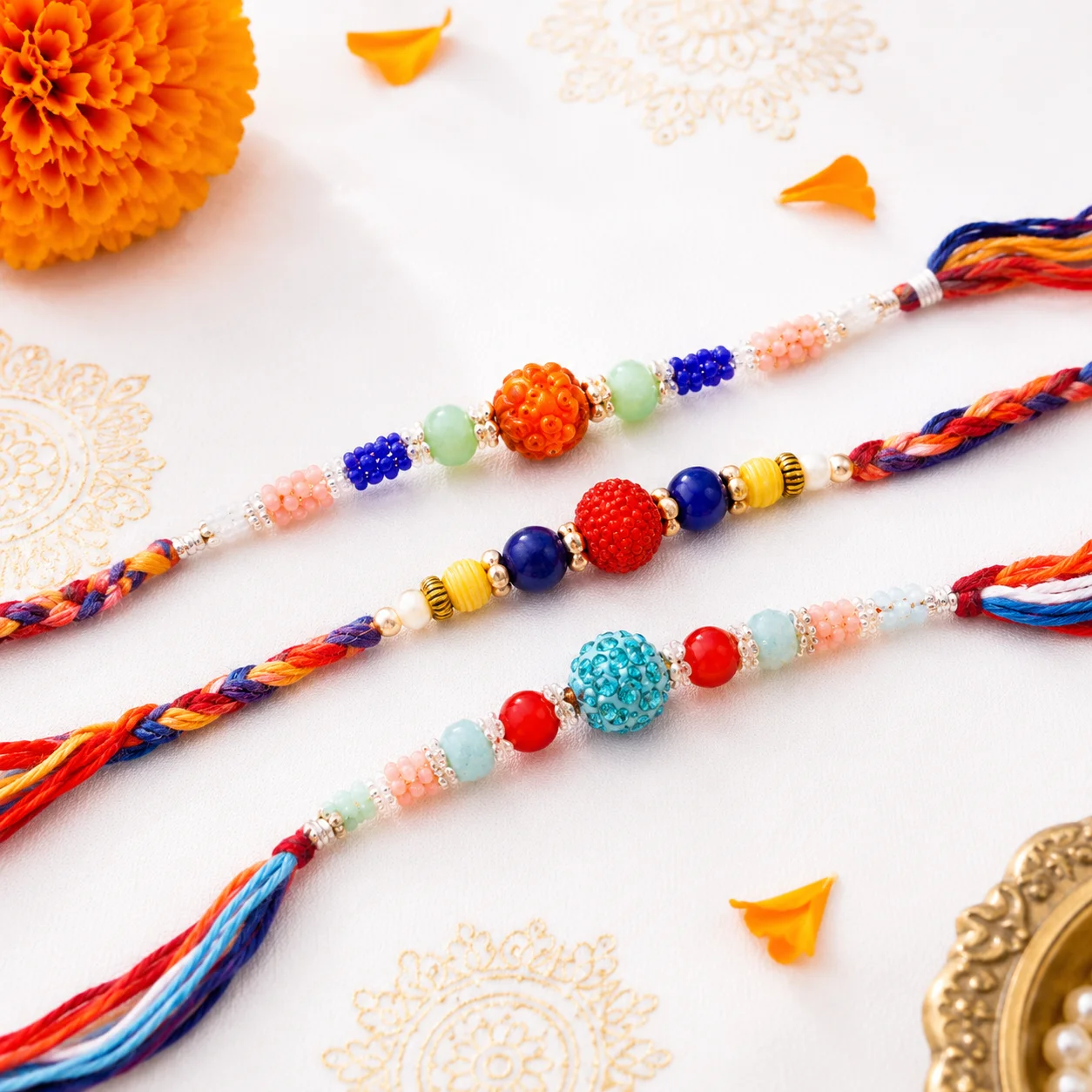 Three vibrant handcrafted beaded rakhis arranged beautifully for Raksha Bandhan celebration.