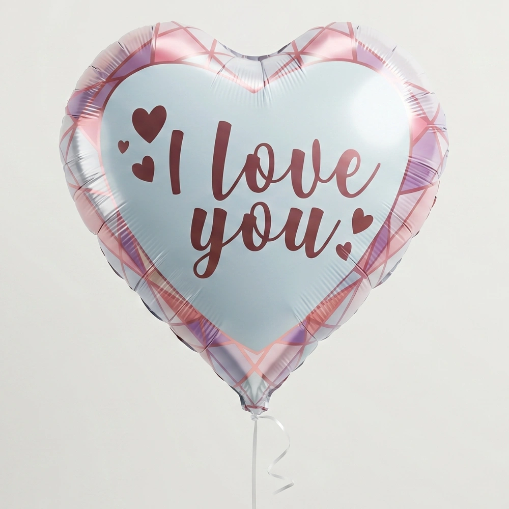 Pink and white heart shaped I Love You foil balloon for anniversaries, Valentine's Day, and romantic gift celebrations