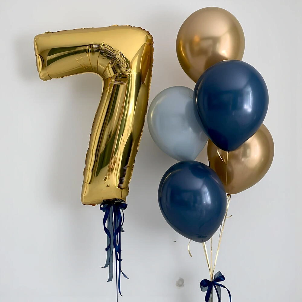 Gold number 7 foil balloon with five blue premium latex balloons for birthday parties, milestone celebrations, and event decorations