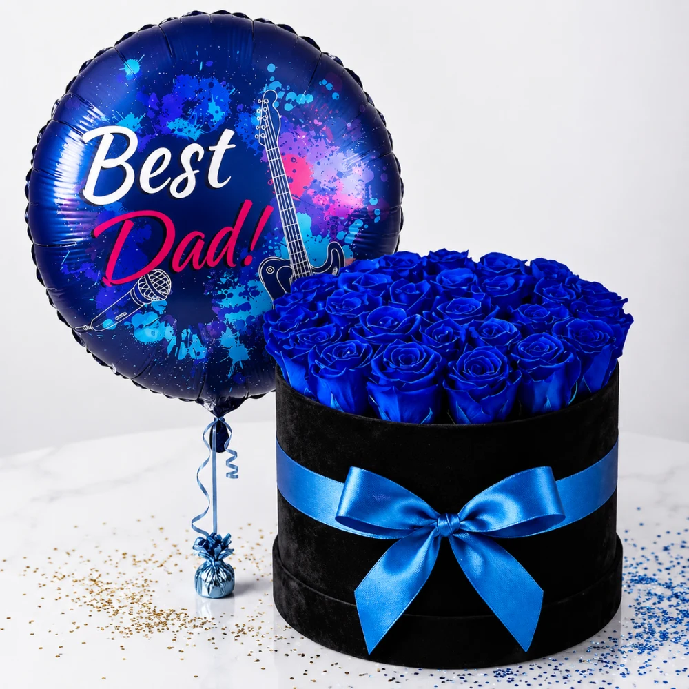 Premium black box featuring 25 blue roses with a Best Dad foil balloon for a luxurious Father's Day celebration