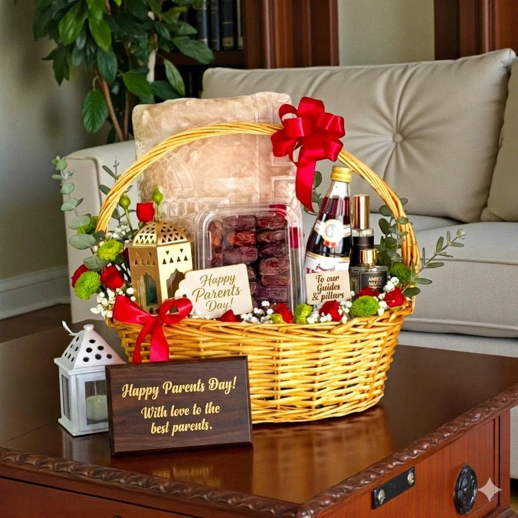 Luxury Parents Day Gift Hamper with Dates Flowers Candle and Prayer Mat UAE