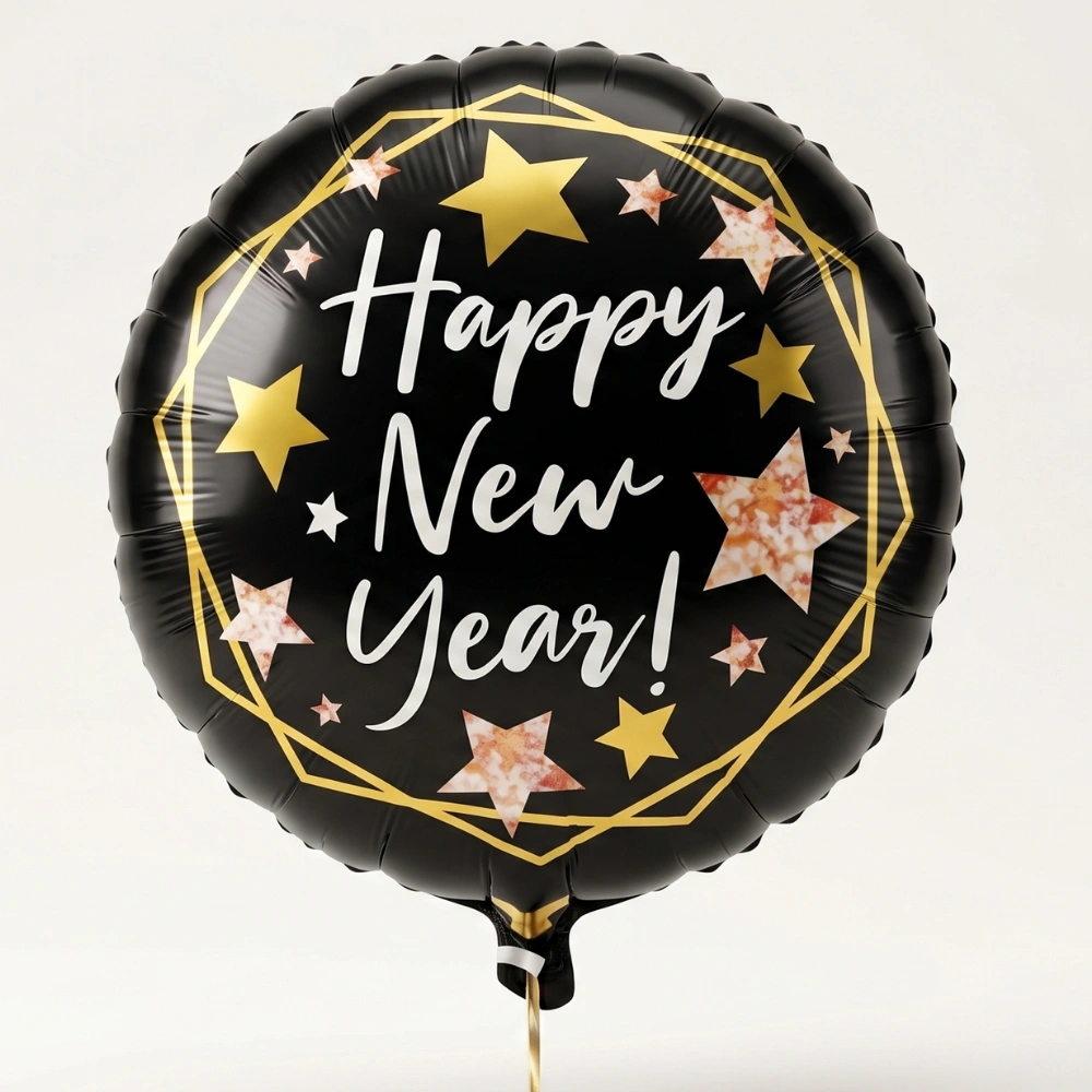 Black Happy New Year helium-filled 18-inch foil balloon for countdown parties, family gatherings, and festive celebration décor