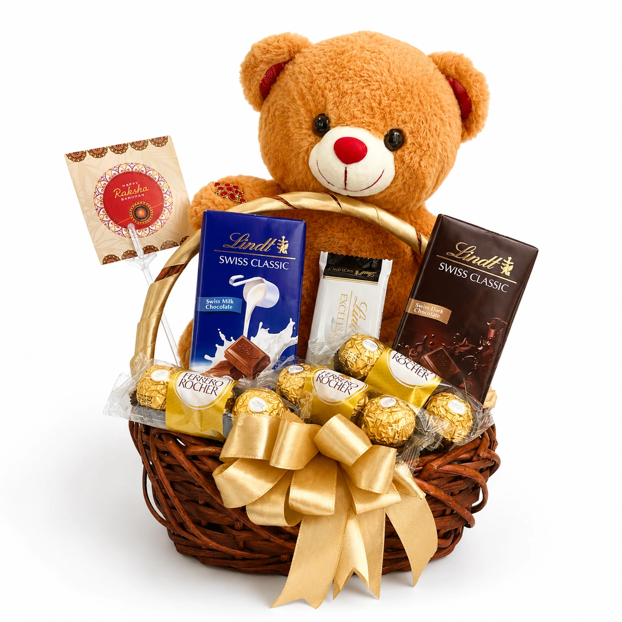 Premium Rakhi Gift Basket Hamper with Lindt Swiss chocolates, Ferrero Rocher, teddy bear and designer Rakhi