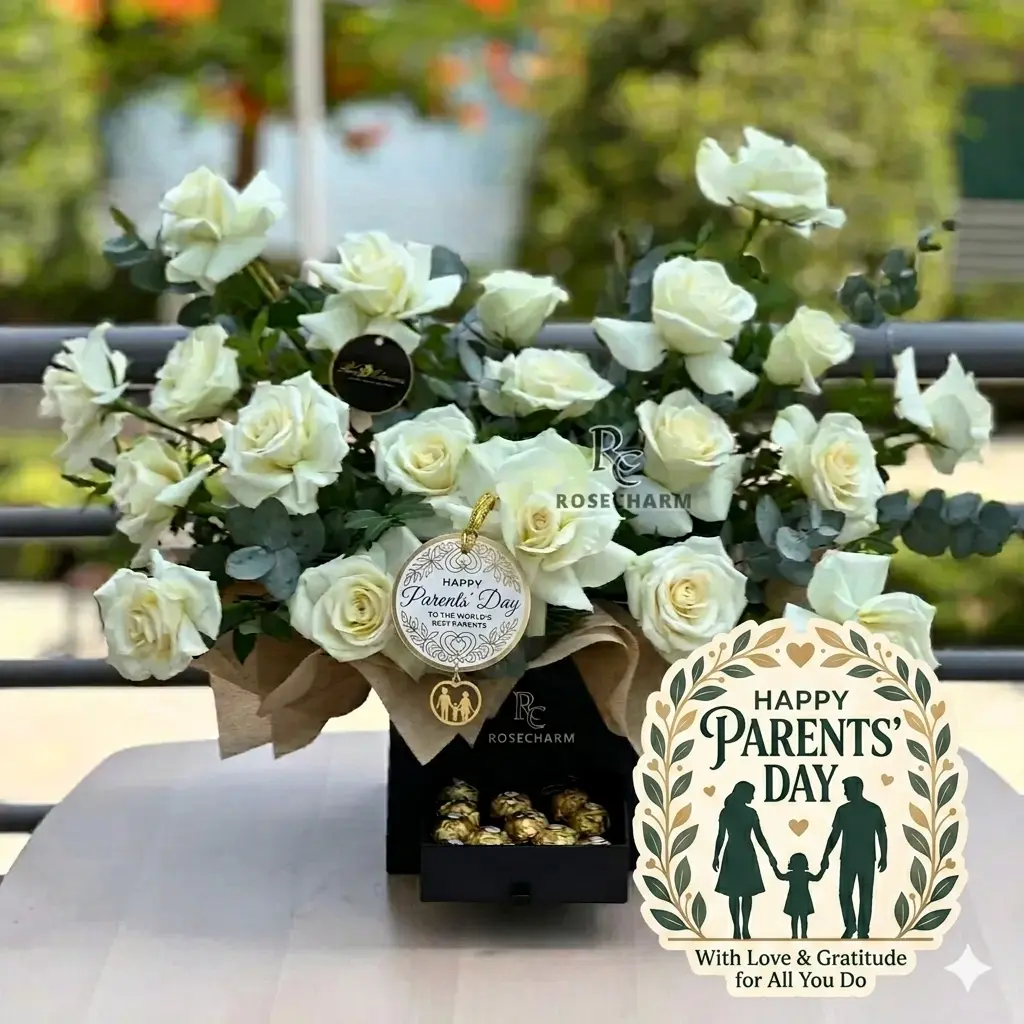 Premium White Roses and Ferrero Rocher Combo For Parents Day in Black Box UAE