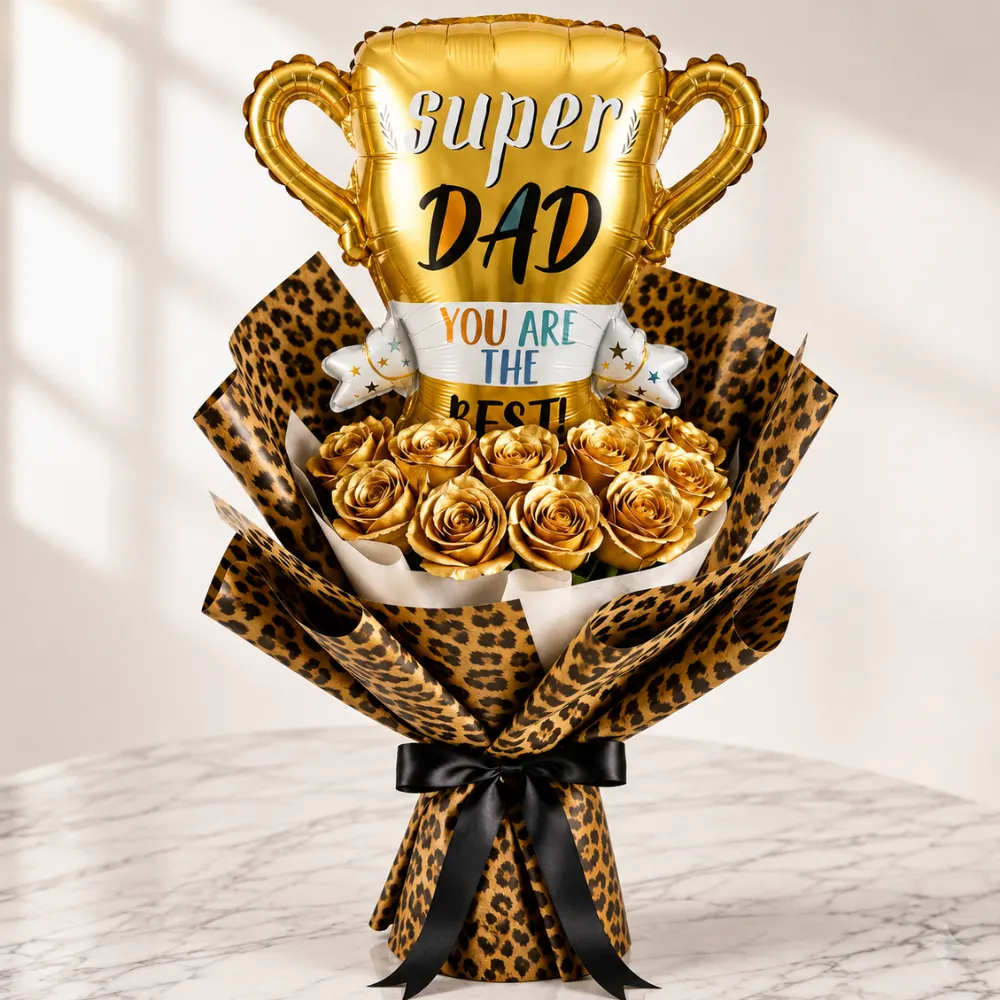 Luxury Father's Day bouquet featuring 15 gold roses in cheetah wrapping paired with a Super Dad foil balloon