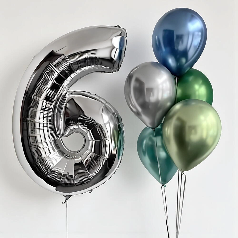 Silver number 6 foil balloon with blue and green premium latex balloons for birthday parties, milestone celebrations, and event decorations