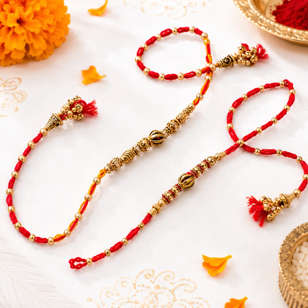 Traditional golden beads bhai rakhi set of 2 with antique centerpieces and sacred red threads for Raksha Bandhan